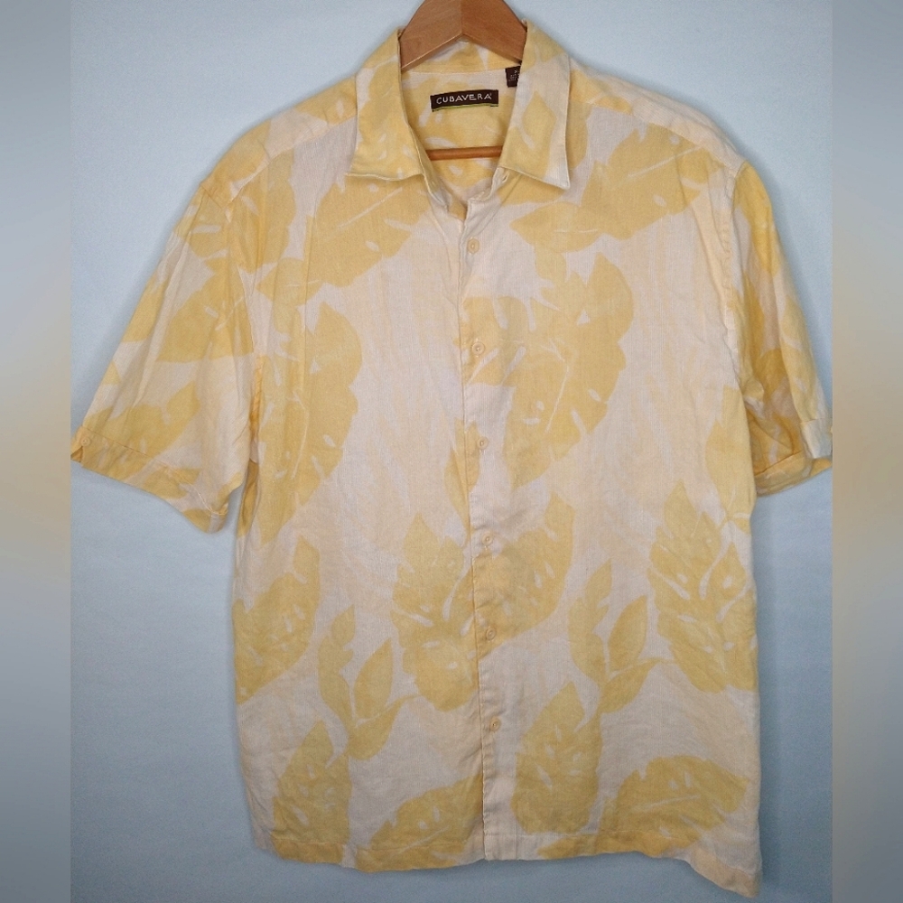 Cubavera Linen Blend Yellow Tropical Palm Leaf Patterned Button Down Shirt